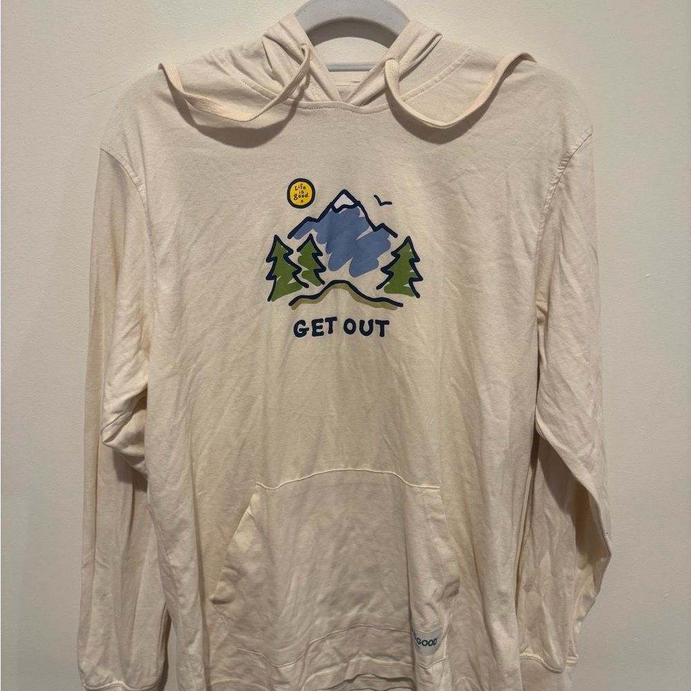 Life Is Good Cream Hoodie with Mountain Graphic